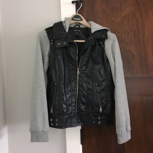 Leather Jacket w/ Sweatshirt Sleeves & Hood